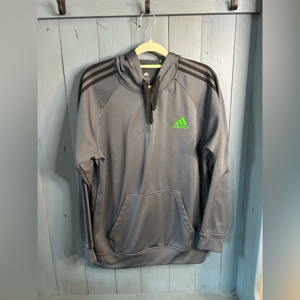 Adidas Dark Gray Pullover Hoodie with Green Accents | Size Large